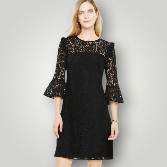 Ann Taylor Dresses & Skirts - Ann Taylor Black Lace Illusion Shift Dress 4‎ Bell Sleeve Ruffle Shoulder New